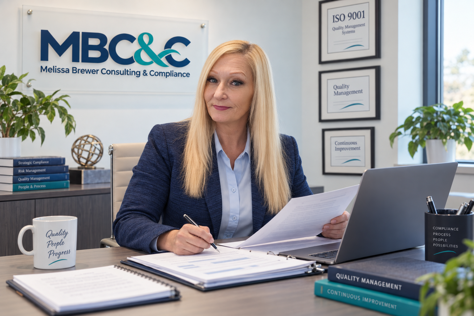 Melissa Brewer working at her desk in the MBC&C office